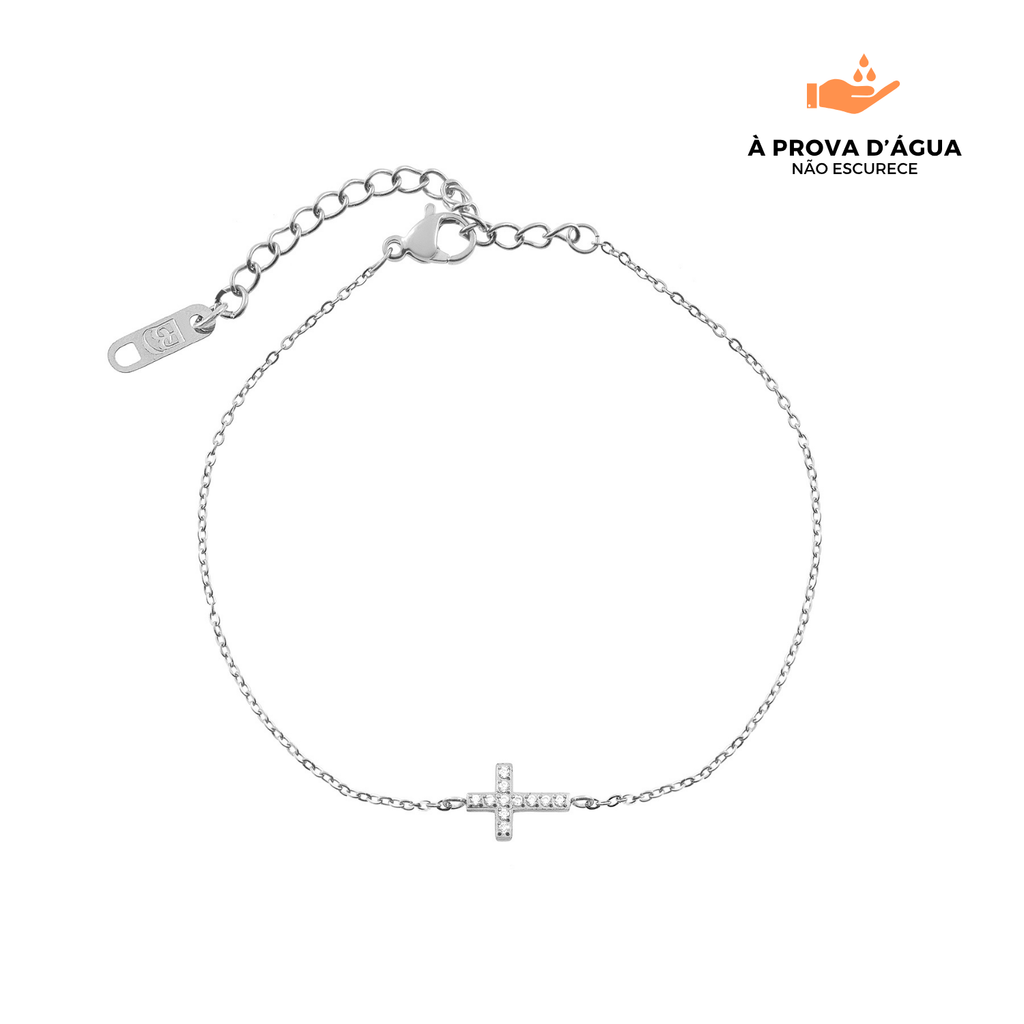 Pulseira Cruz com Pedras Brilhantes Banhada em Prata