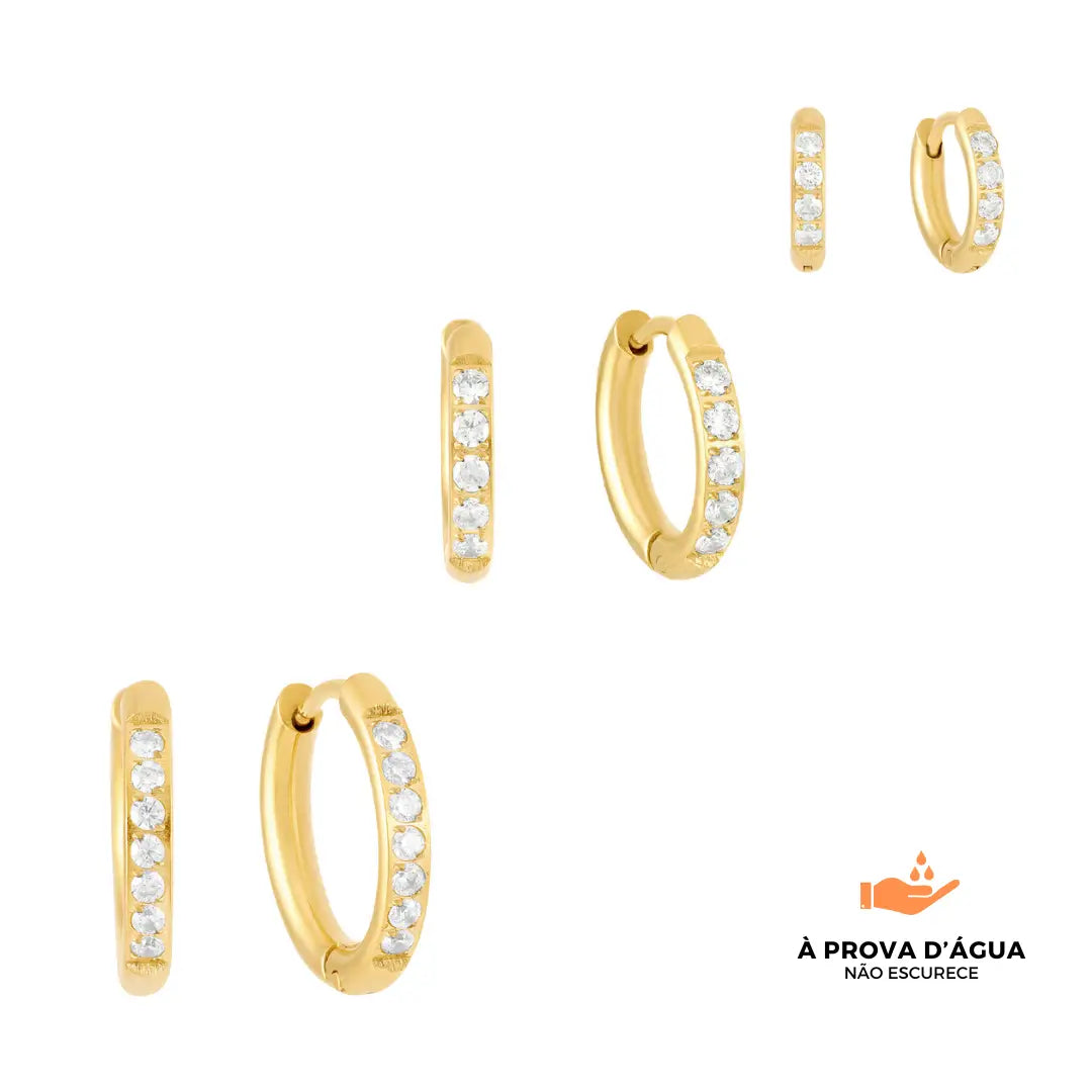 Trio de Brincos de Argola com Pedras Brilhantes Banhado em Ouro 18k